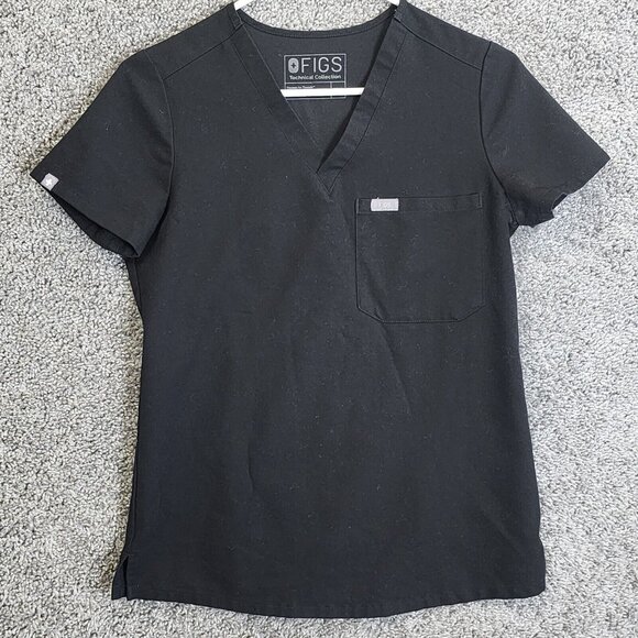 Figs Tops - FIGS Scrubs Top Womens XXS Black Technical Stretch Short Sleeve V-Neck Pocket